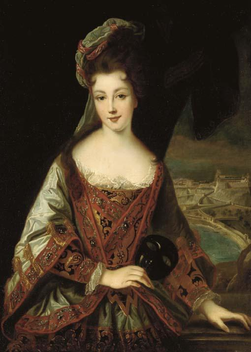 Louise-Hippolyte Grimaldi - par ou d'après Jean-Baptiste van Loo - en arrière plan Monaco